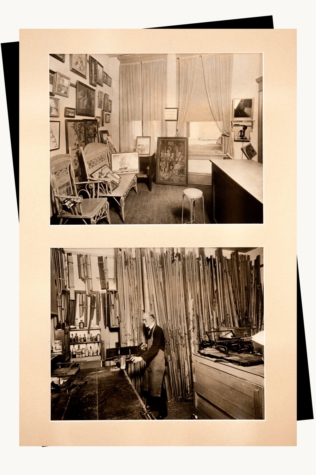 Two archival photographs of Dow Art Galleries: an early gallery interior, and Percy Dow at the moulding rack