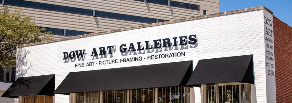 The Dow Art Galleries storefront on Camp Bowie Boulevard, with black awnings and painted signage reading Fine Art, Picture Framing, Restoration