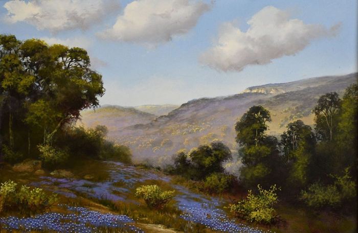 Texas landscape with Bluebonnets by Dennis Alphin — oil on canvas