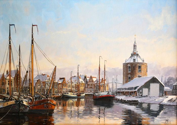 Dutch Harbor Scene by Gert-Jan Veenstra — oil on canvas