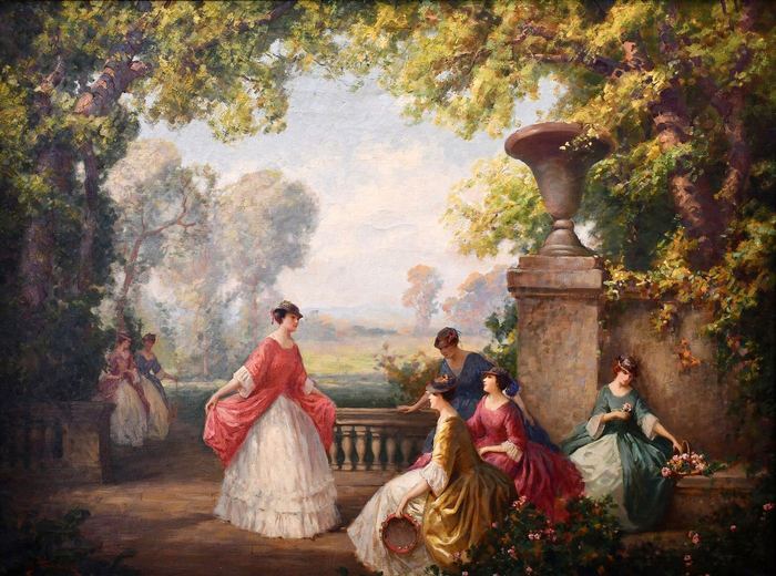 Seven Women in a Garden by Joseph Tomanek — oil on canvas
