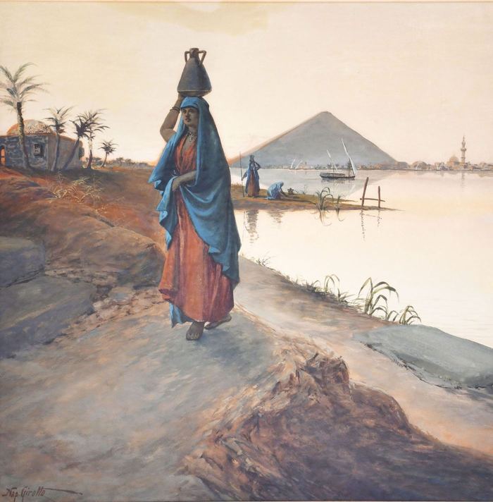 Woman carrying water from the Nile by Napoleon Girotto — watercolor