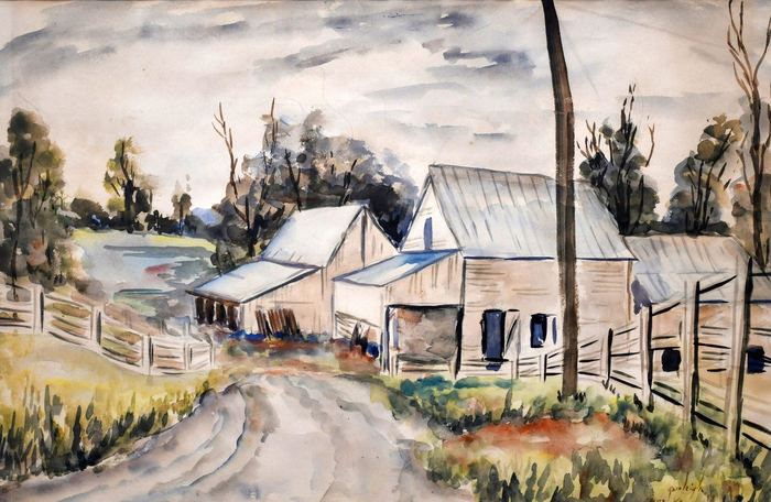 Country road and two barns by Rex Goreleigh — watercolor