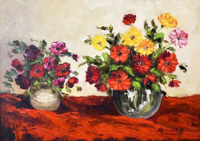 Still Life in Red by Simoni — oil on board