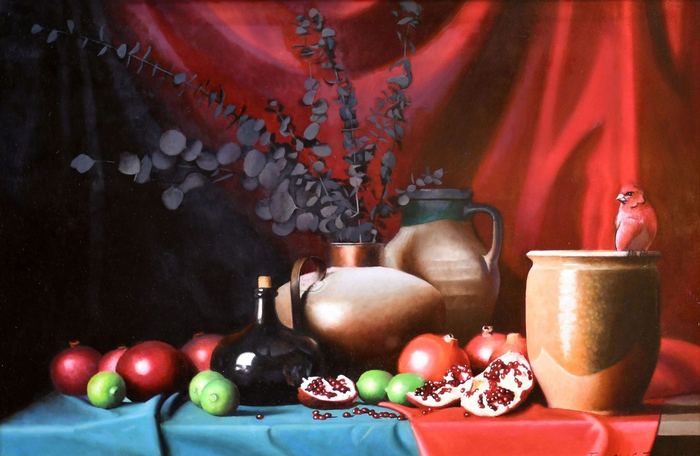 Still life with pottery, pomegranates and a red cardinal by Timothy C. Tyler — oil on masonite