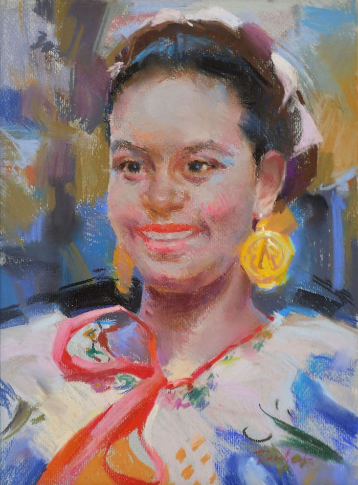 Smiling woman wearing large gold earrings — pastel