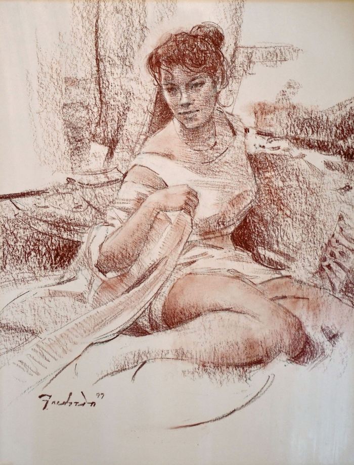 Woman sitting on a bed — conte crayon