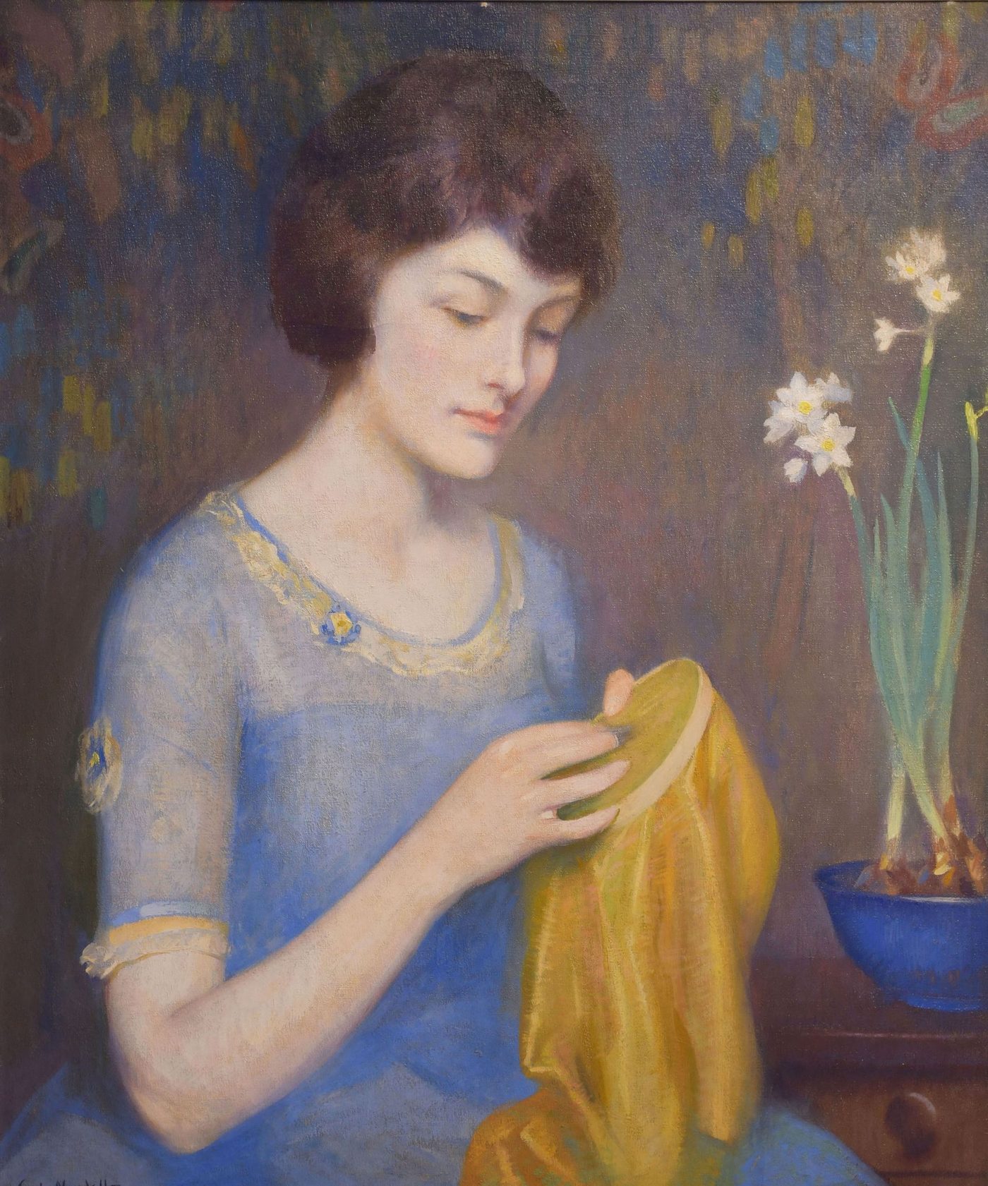The Gold Cloth by Carl J. D. Nordell — oil on canvas portrait of a woman in blue holding gold fabric